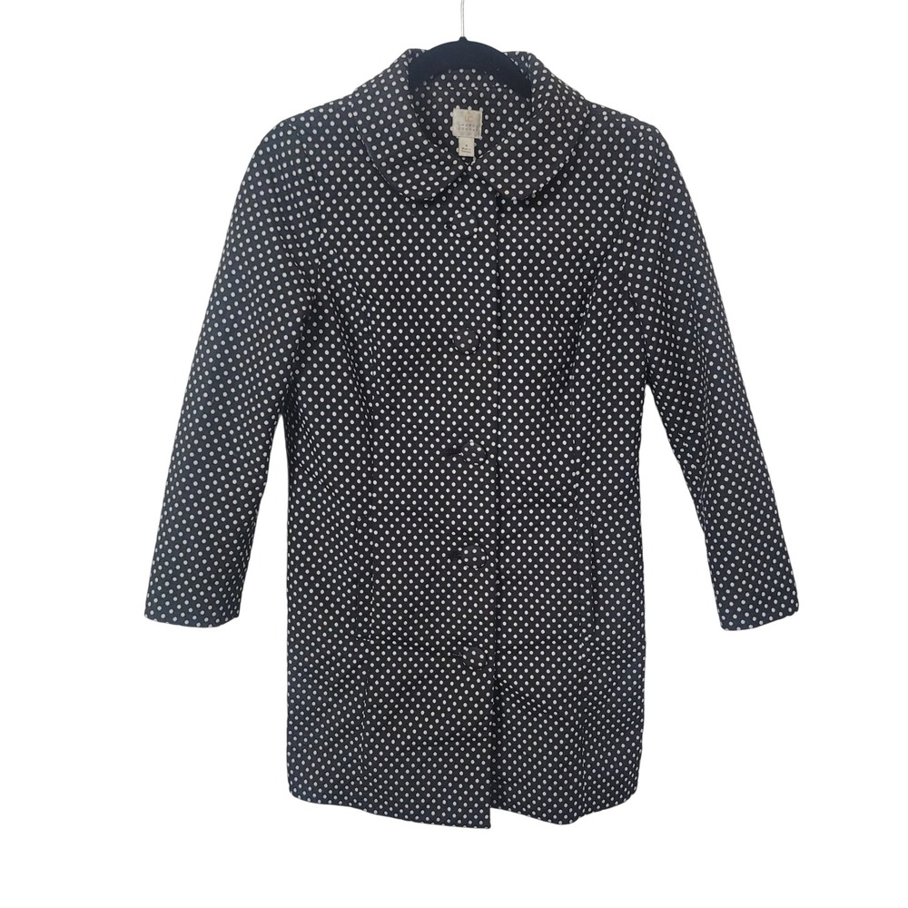 LC Lauren Conrad Size 4 Polka Dot Trench Coat Womens Black White Button Front
